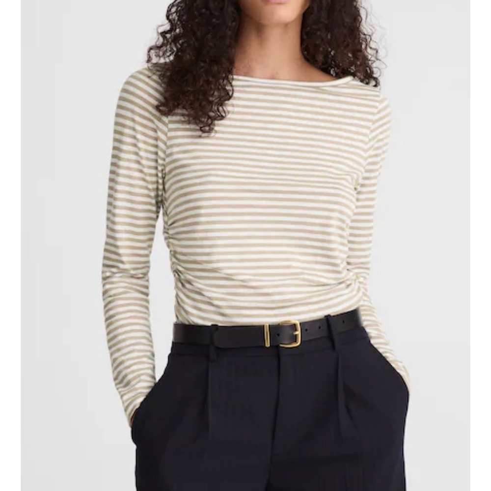 Madewell Womens Tan White Ruched Lightweight Crewneck Soft Slub Tee XXS New